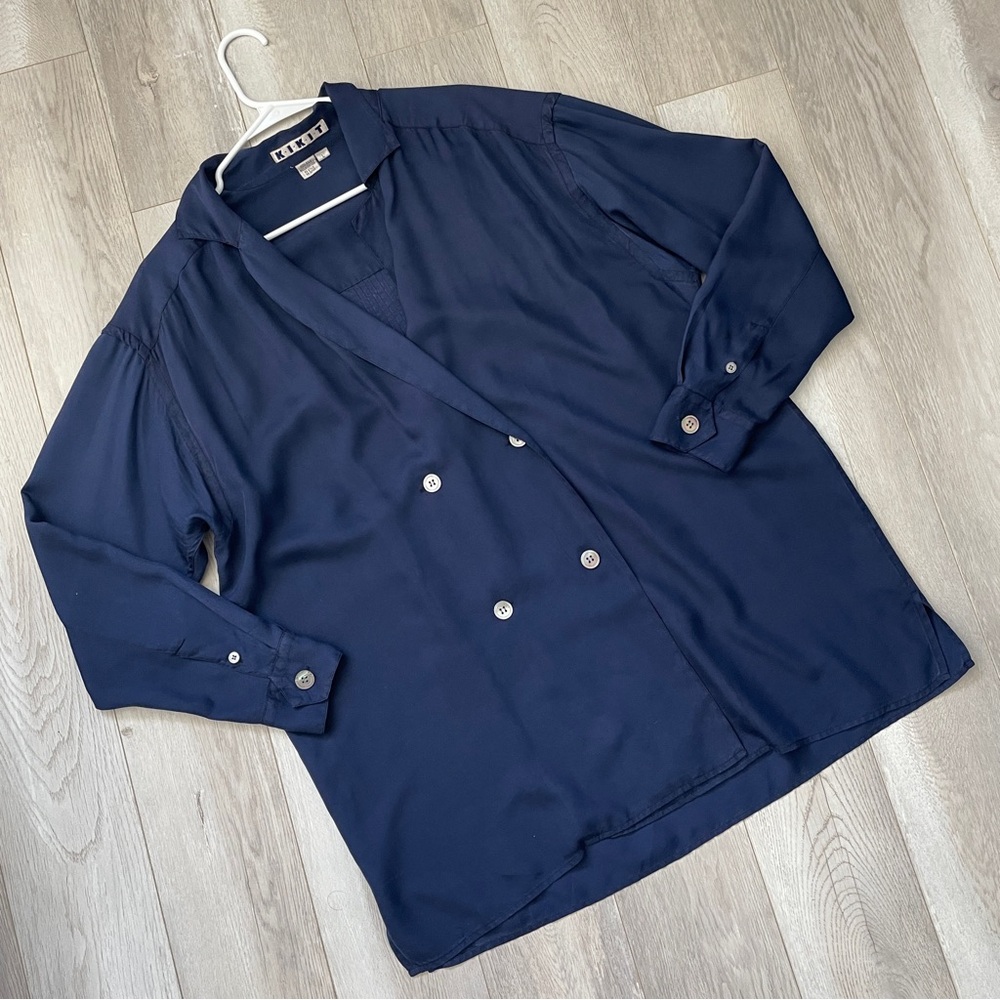 Vintage Silk Jacket double breasted long womens Blue (large) vintage classic